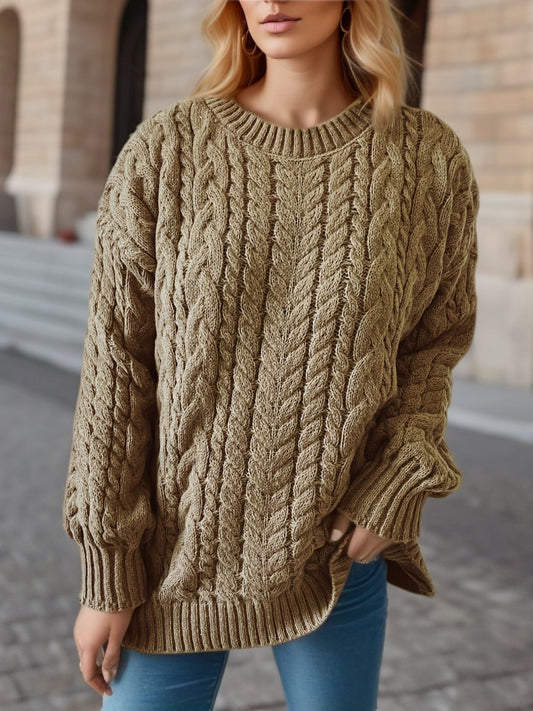Vintage Vertical Stripes Twist Round Neck Long Sleeve Knitted Pullover Thick Needle Sweater For Women