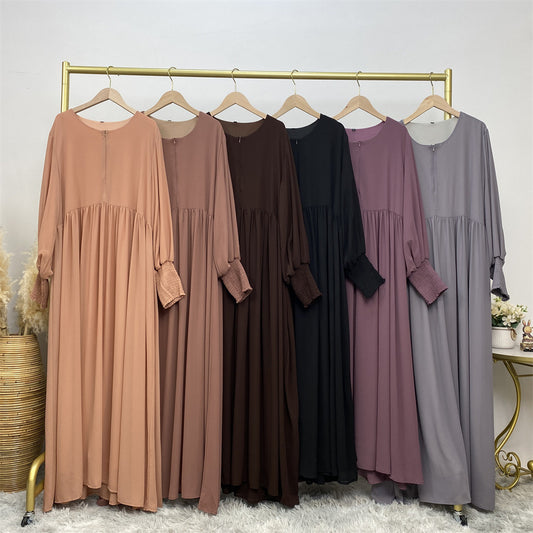 Muslim Simple Solid Color Pleated Elastic Chiffon Dress